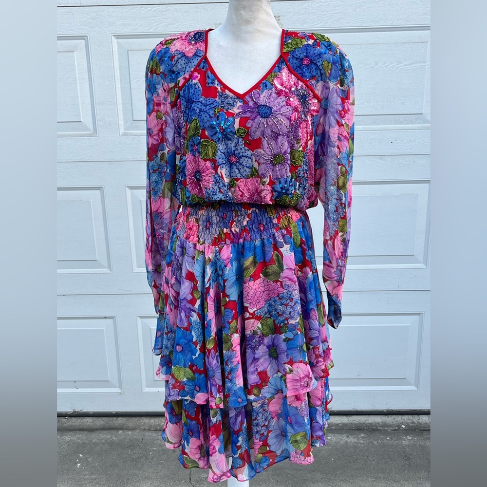 VTG 80s Diane Fres Original Georgette silk floral Midi Dress Elastic Waist M